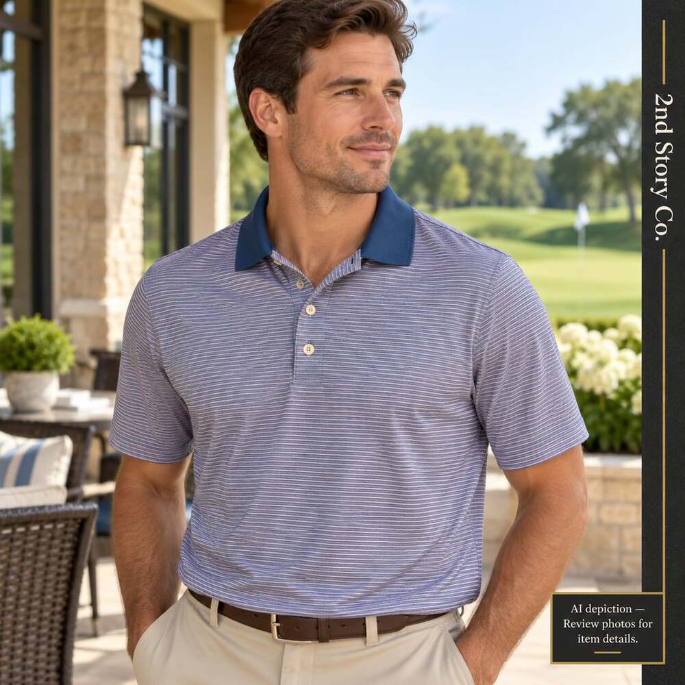 Peter Millar Men's Blue and Pink Striped Polo Shirt Size XL